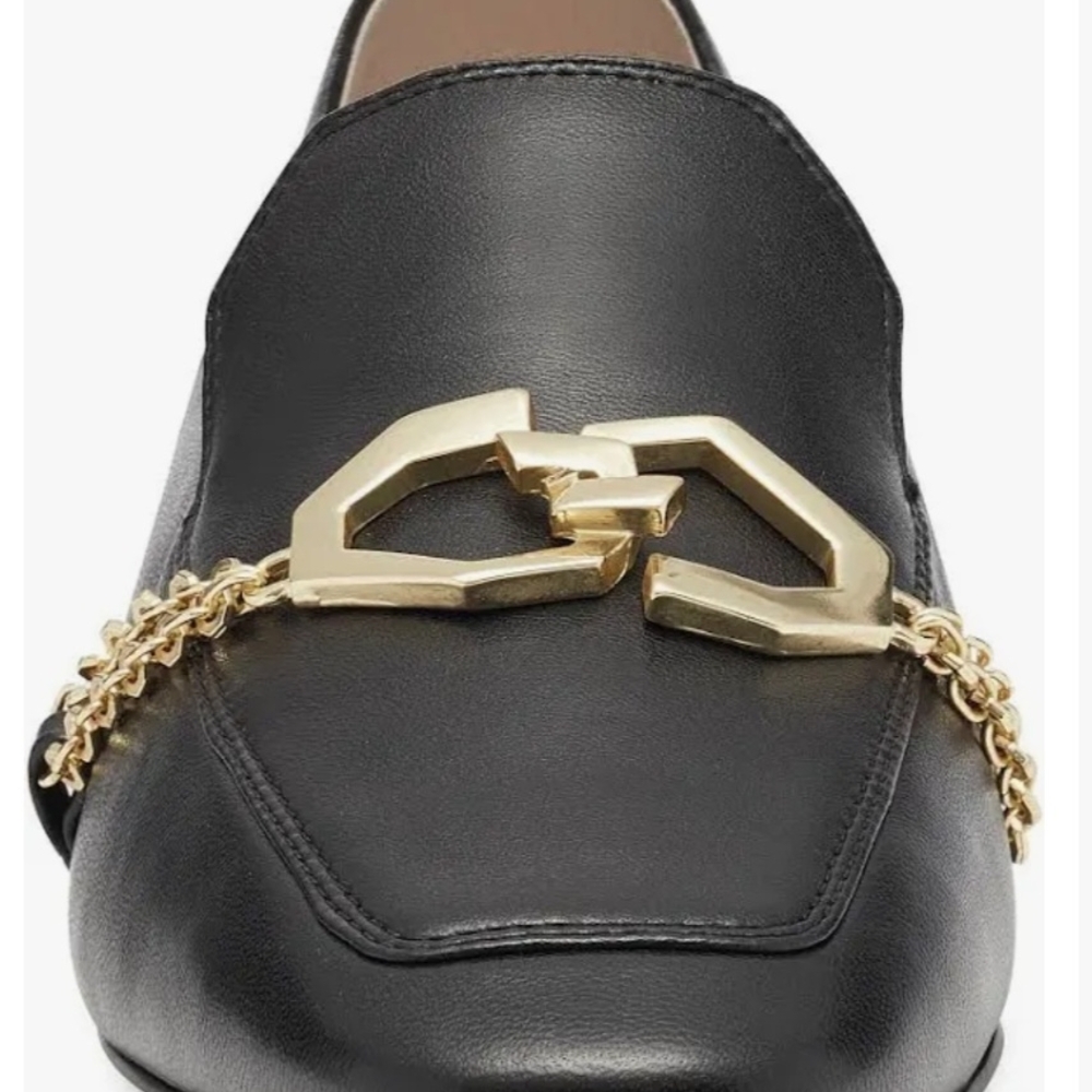 Black Leather Loafers with Gold Chain Detail - Picture 3 of 5
